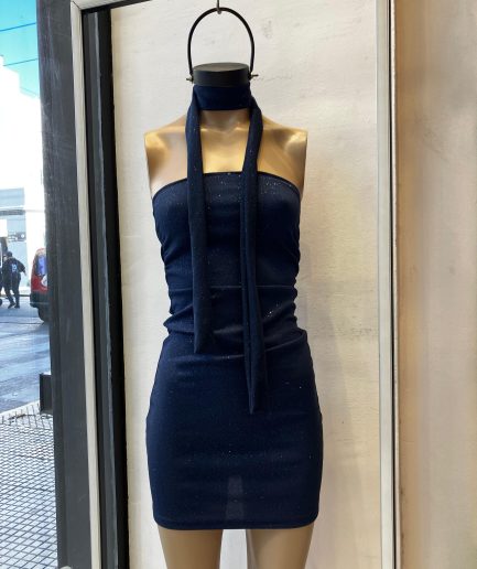 Vestido crepe glitter strapless corbatin