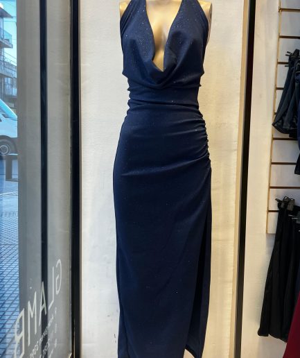 Vestido crepe glitter largo buche bufanda