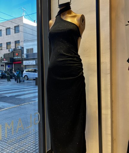 Vestido crepe glitter largo asim bufanda