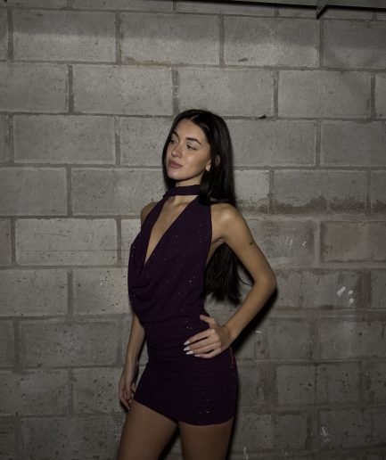 Vestido crepe glitter buche bufanda
