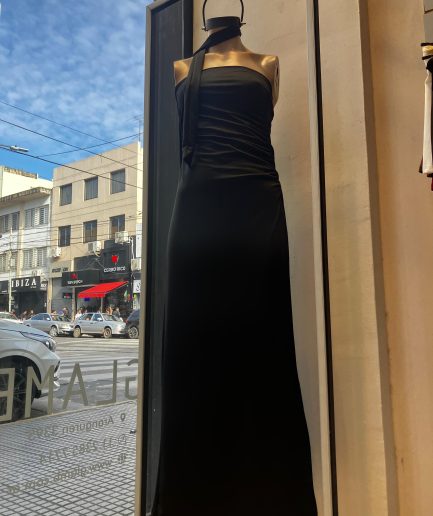 Vestido micro largo strapless corbatin