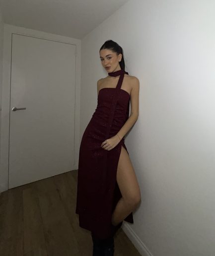 Vestido crepe glitter largo strapless corbatin