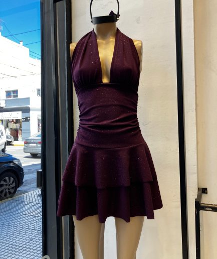 Vestido crepe glitter corpiño volado