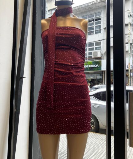 Vestido tacha strapless corbatin