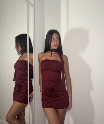 Vestido tacha strapless corbatin