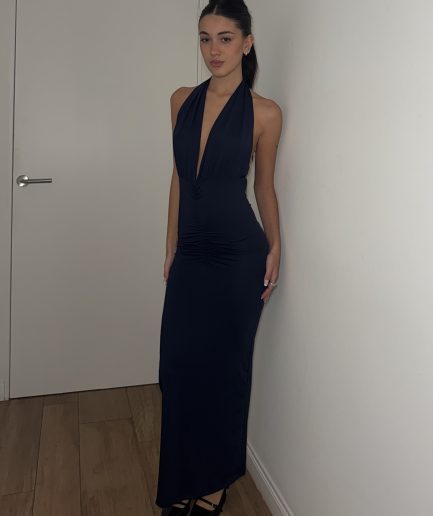 Vestido micro largo corpiño frunce
