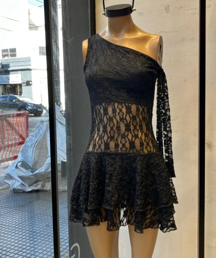 Vestido encaje nudo hombro volado