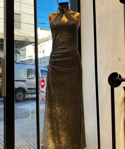 Vestido glitter largo escote cruzado