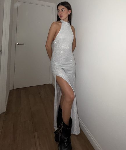 Vestido glitter largo corbata