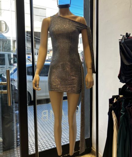 Vestido glitter nudo hombro lazo
