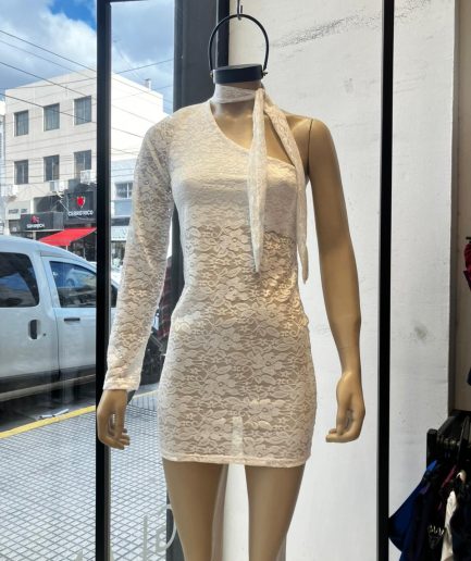 Vestido encaje asim cuello tira m/larga